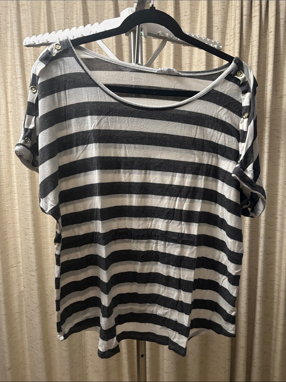 Lily Star Black & White Striped Short Sleeve Top with Button Details
